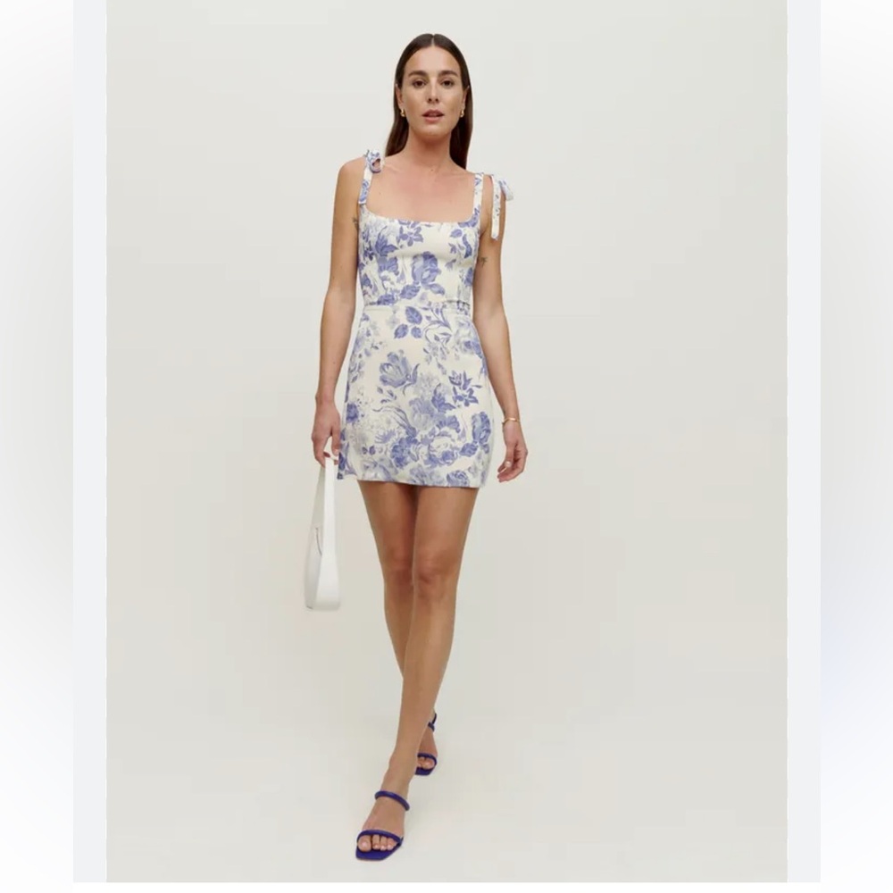 Reformation Annabell Bow Detail Floral-Print Georgette Mini Dress Blue coquette